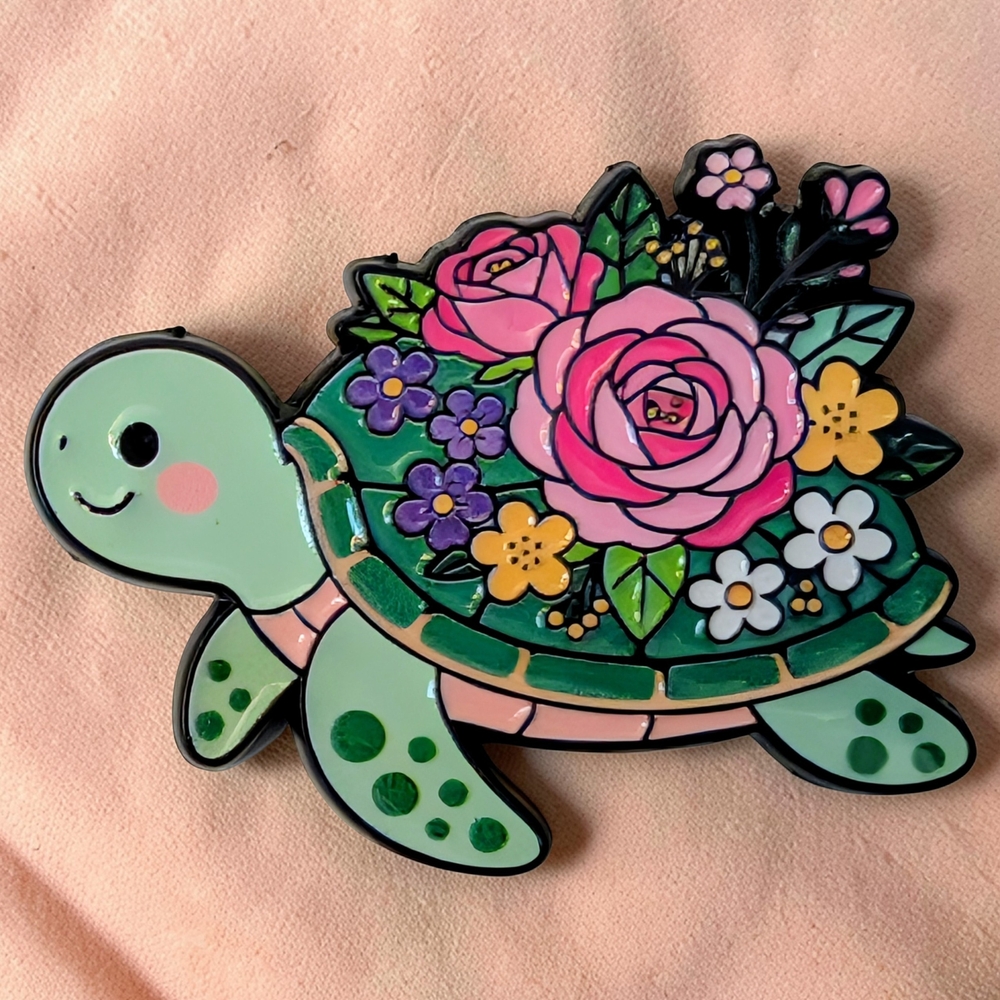 Floral Turtle Enamel Pin — Pink & Mint